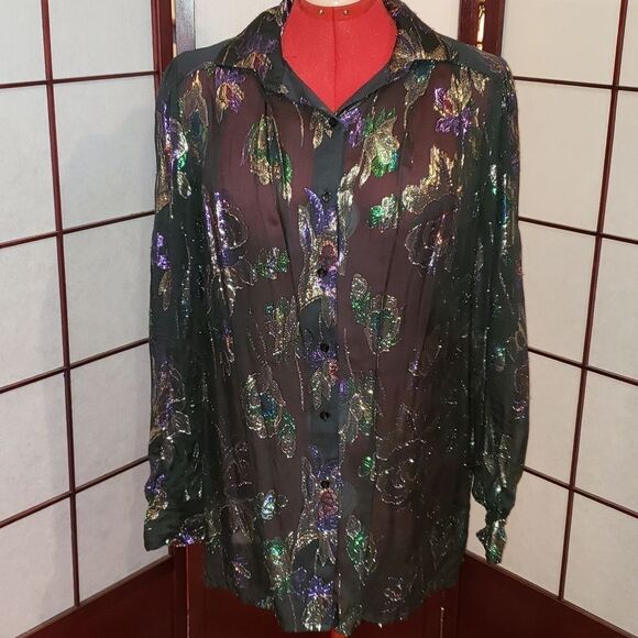 Teddi of Cali. Sheer Black Metallic Floral Blouse - Picture 2 of 10